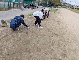 草をむしる学生たち